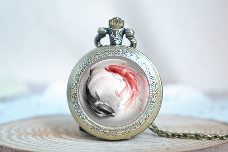 Fish Pocket Watch Necklace,steampunk Taichi Yin Yang Pattern Necklace